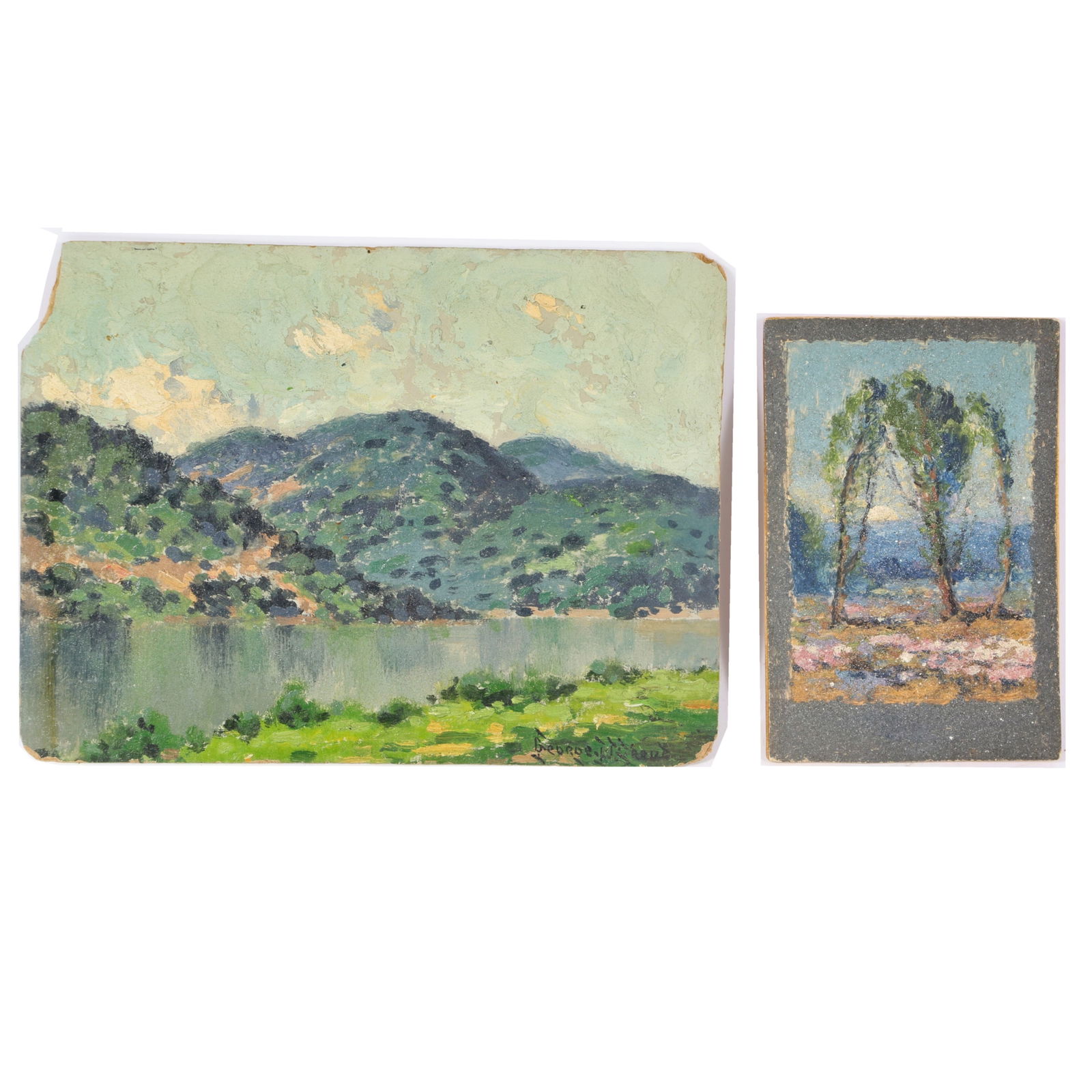 George W. Drew, New York (1875-1968), landscape with mountains and lake / Morene, oil on board, 6"H (1 of 11)