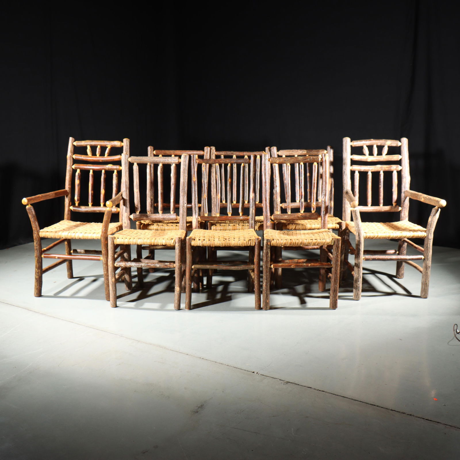 Group of 8 Old Hickory cabin lodge rustic dining chairs including two captain's armchairs. 39"H x 23 (1 of 8)