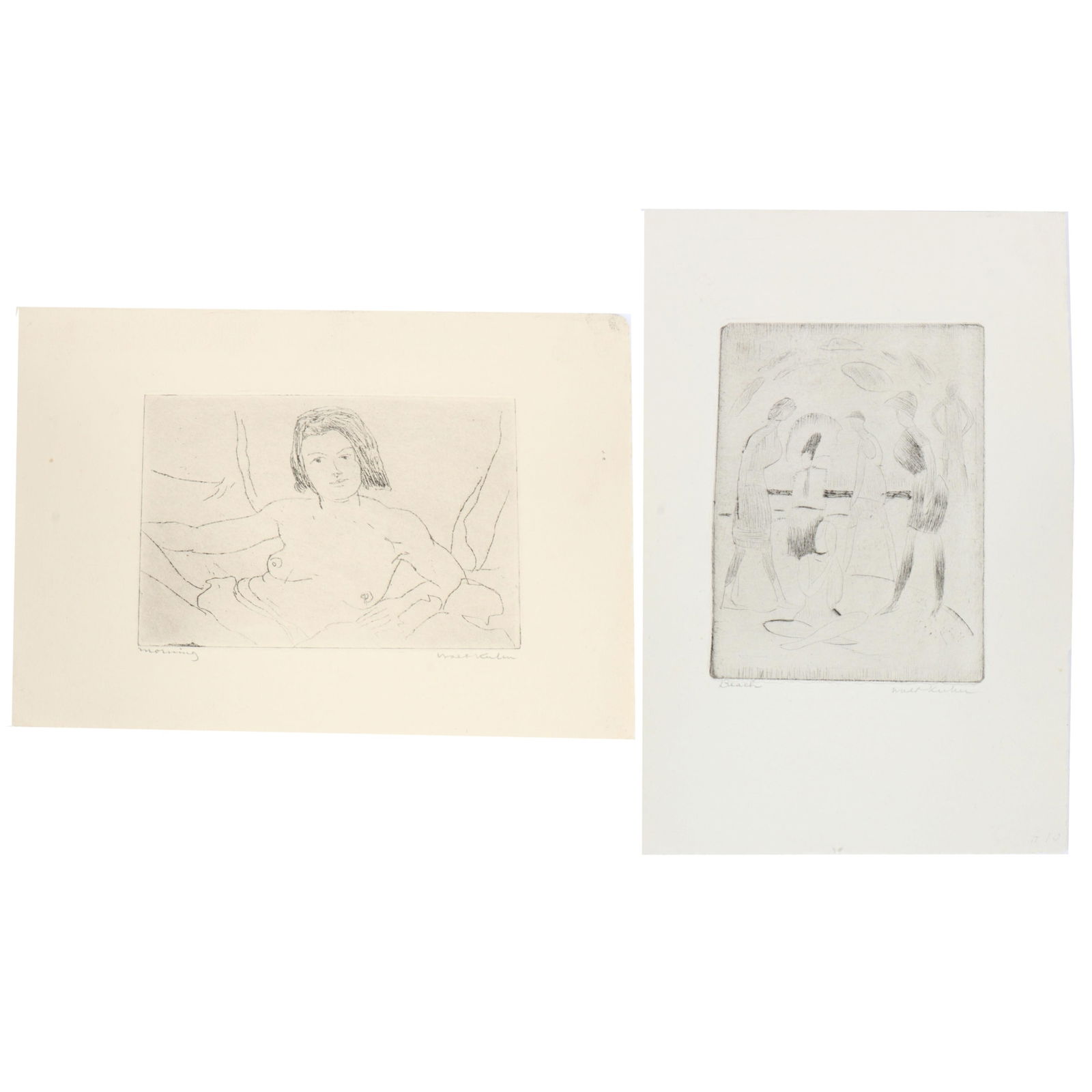 Walt Francis (Walter) Kuhn, New York, California (1877 - 1949), Beach / Morning, figural group and: Walt Francis (Walter) Kuhn New York, California (1877 - 1949) Beach / Morning, figural group and reclined female nude 2 etchings Pencil signed lower. Biography from the Archives of askART: A painter a