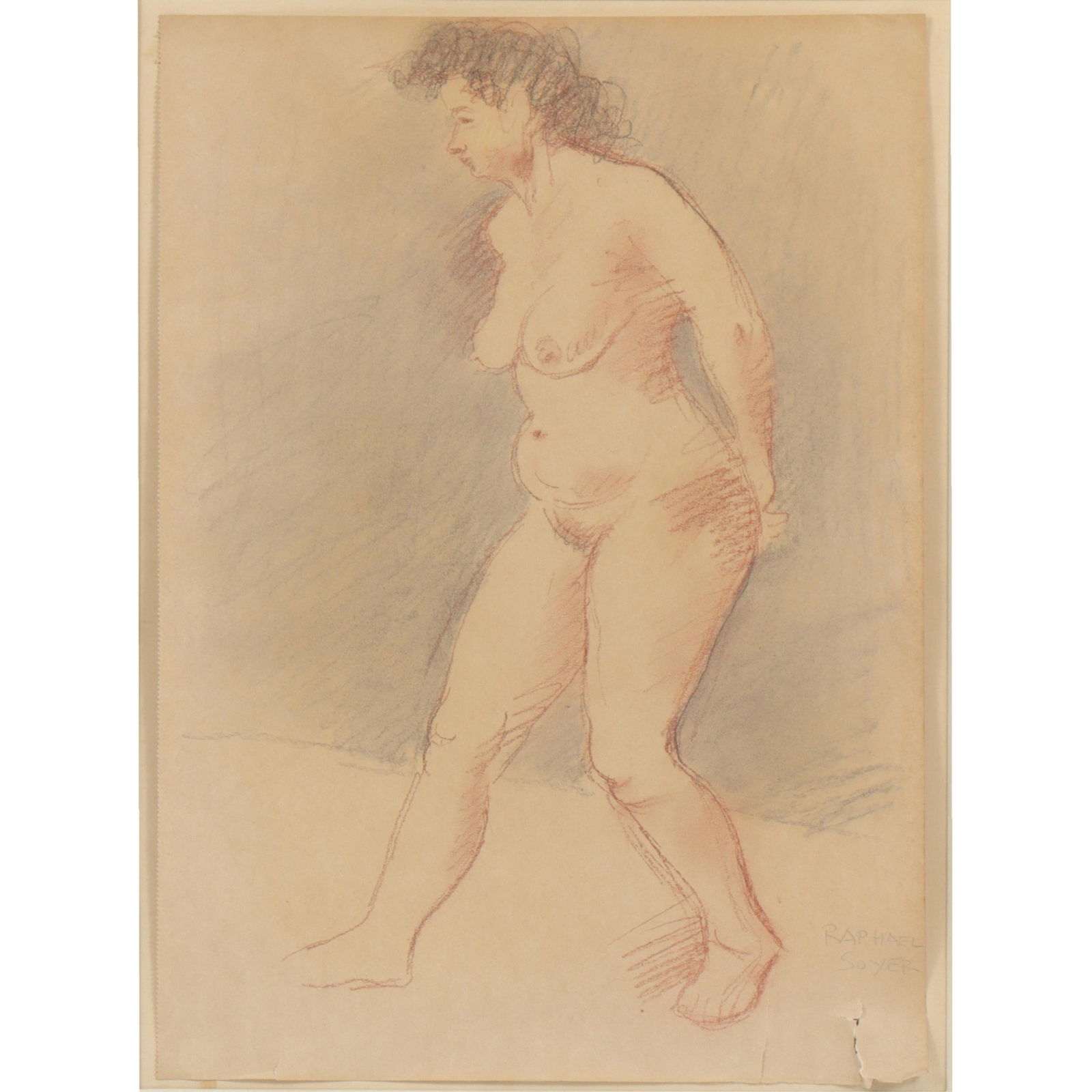 Raphael Soyer, American (1899-1987), female nude, pastel on brown paper, 15"H x 11"W (sheet), 22: Raphael Soyer American (1899-1987) female nude pastel on brown paper Signed lower right. Biography from the Archives of askART: Born in Borisoglebsk, Russia in 1899, Raphael Soyer is identified as a S