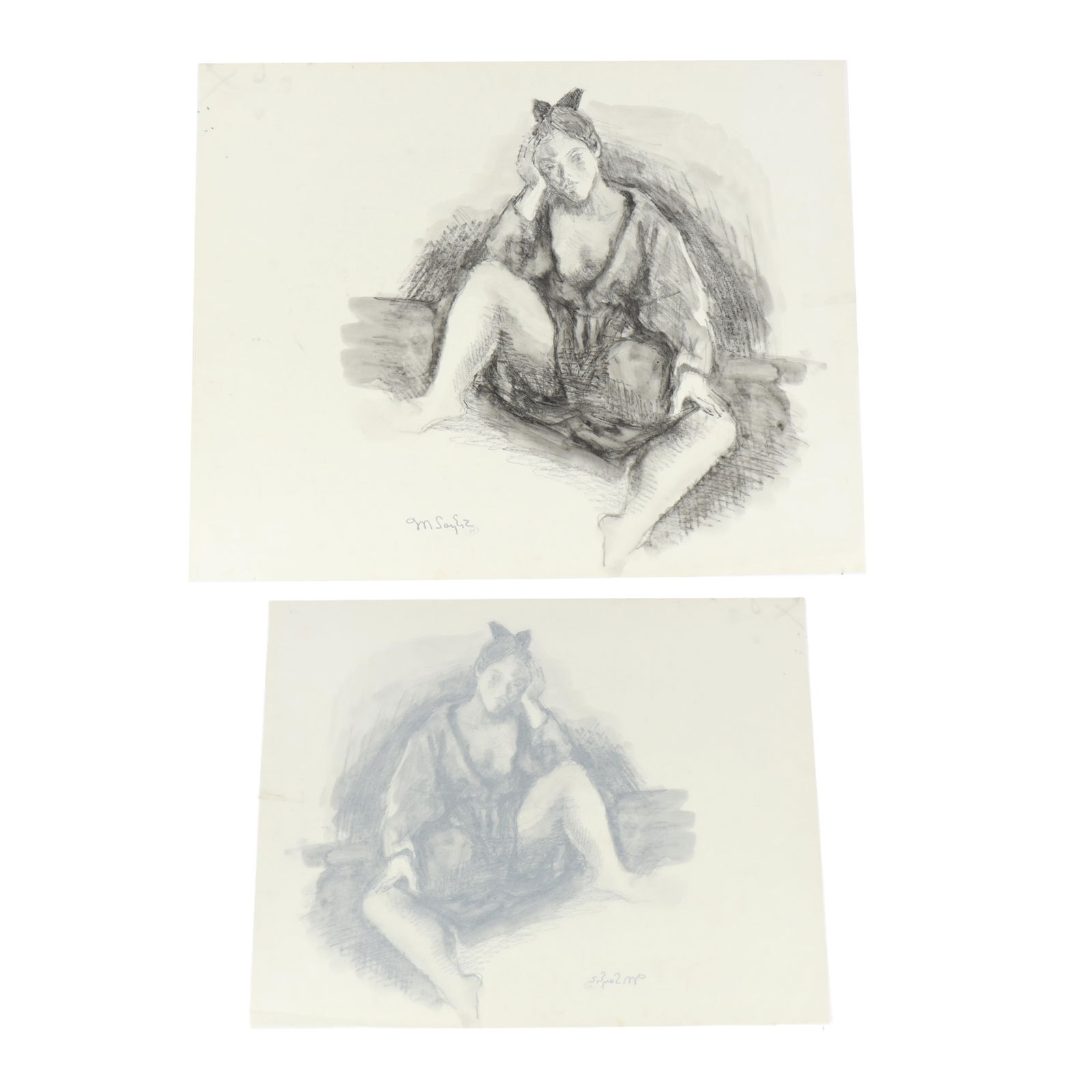 Moses Soyer, New York / Russia (1899-1974), two seated female nude sketches, one graphite on paper,: Moses Soyer New York / Russia (1899-1974) two seated female nude sketches one graphite on paper, one charcoal and watercolor on parchment Paper work signed lower right and has watermark in upper right