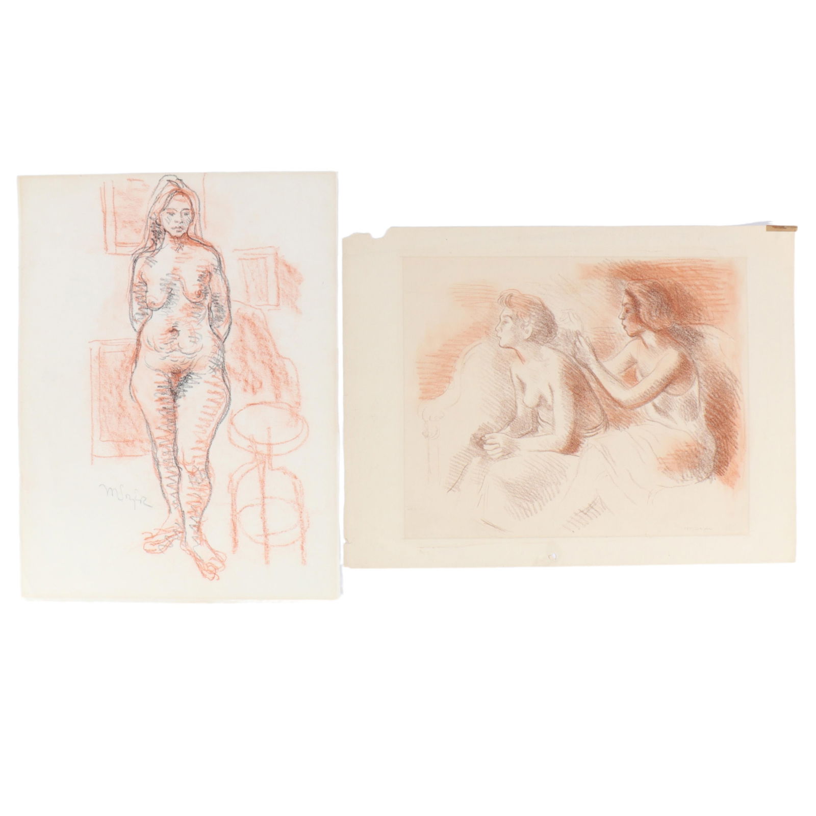 Moses Soyer, New York / Russia (1899-1974), pair of female nude portraits, graphite and sanguine on: Moses Soyer New York / Russia (1899-1974) pair of female nude portraits graphite and sanguine on paper Pair of women signed lower right, standing woman signed lower left. Biography from the Archives o