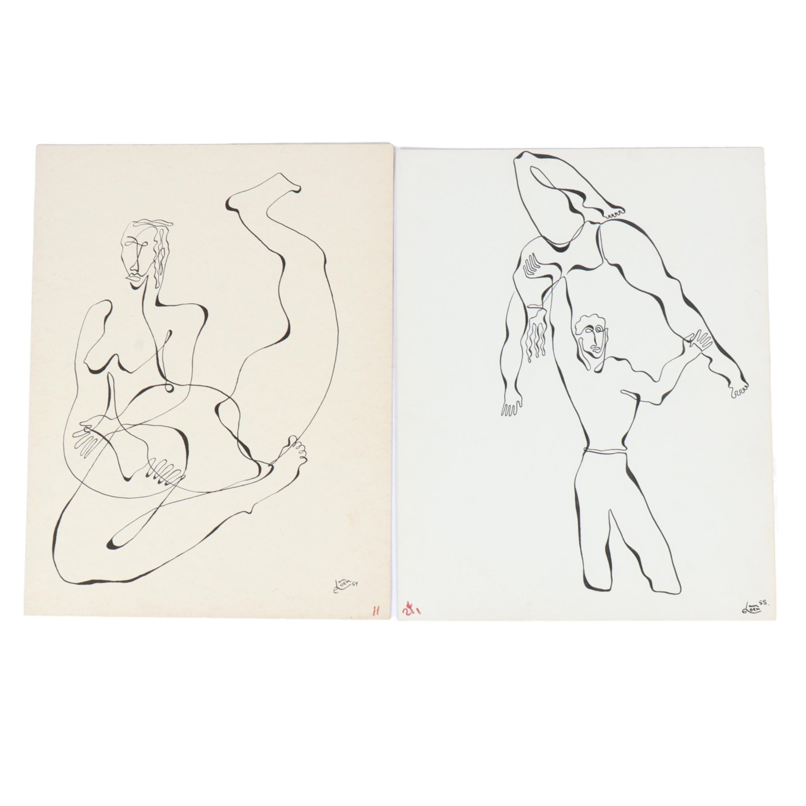 Alfred Van Loen, New York/Germany (1924-1994), Acrobats, two contour line figure studies, ink on: Alfred Van Loen New York/Germany (1924-1994) Acrobats, two contour line figure studies ink on paper Signed and dated to lower right. Biography from 1st Dibs: Van Loen is a man in love with the materia