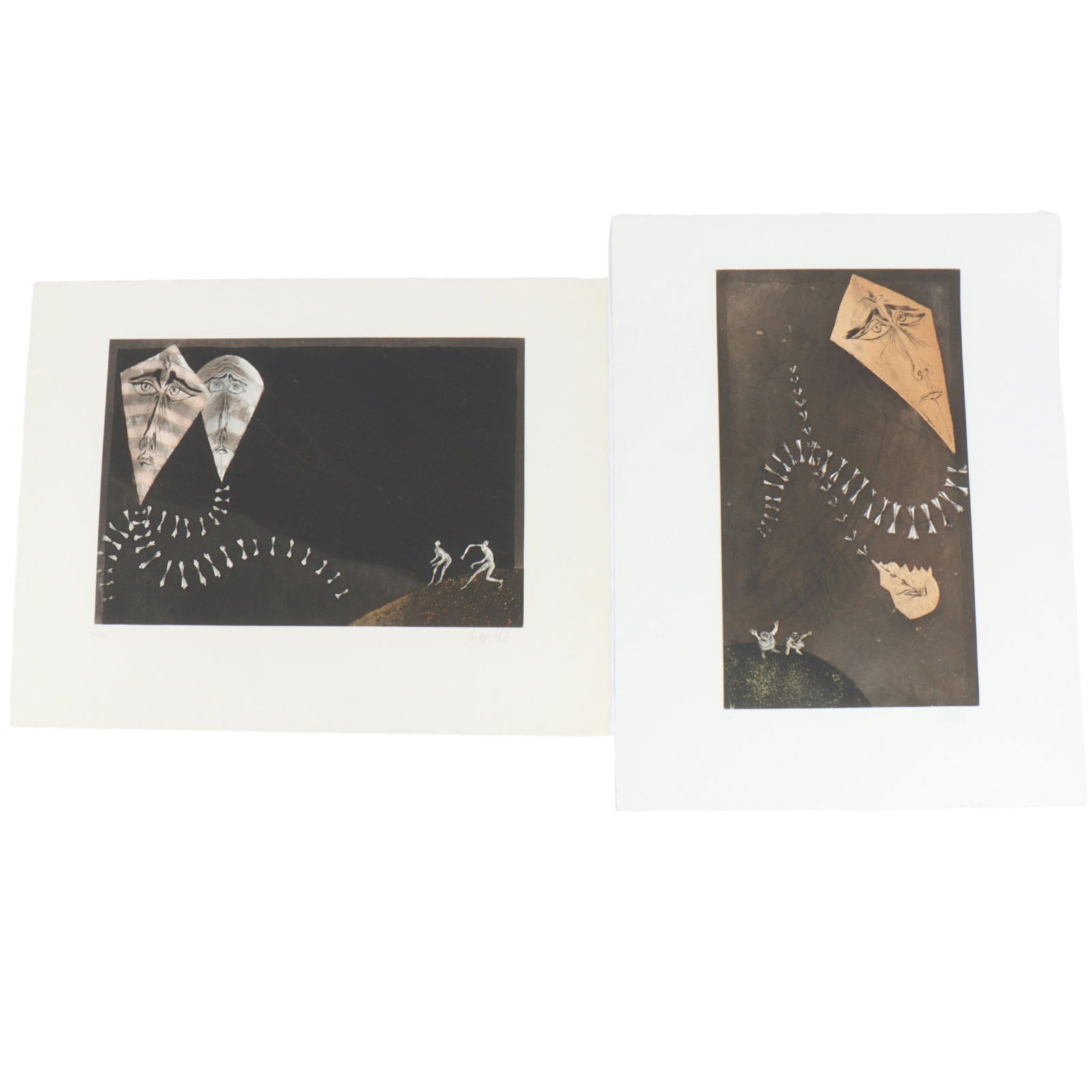 Lars Bo, Danish (1924-1999), Kites in Distress / Captive Kites, 2 lithographs, 25 1/2"H x 19 1/2"W: Lars Bo Danish (1924-1999) Kites in Distress / Captive Kites 2 lithographs Pencil signed lower right. Kites in Distress: edition 7/90. Captive Kites edition 62/90. Biography from AnnexGalleries.com: P