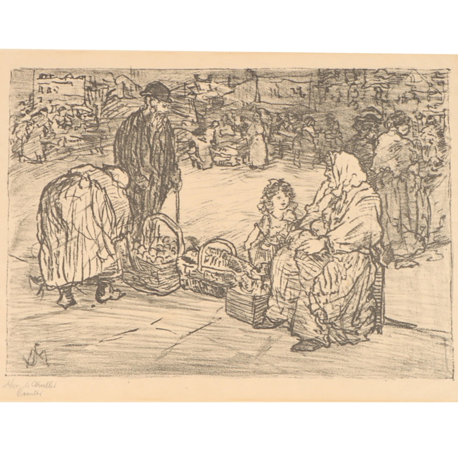 Jerome Meyers, New York (1867 - 1940), East Side corner, street scene, lithograph, 11 1/4"H x 16: Jerome Meyers New York (1867 - 1940) East Side corner, street scene lithograph Signed with initials in the plate. Signed in pencil by the printer, George Miller. Includes purchase receipt and correspo