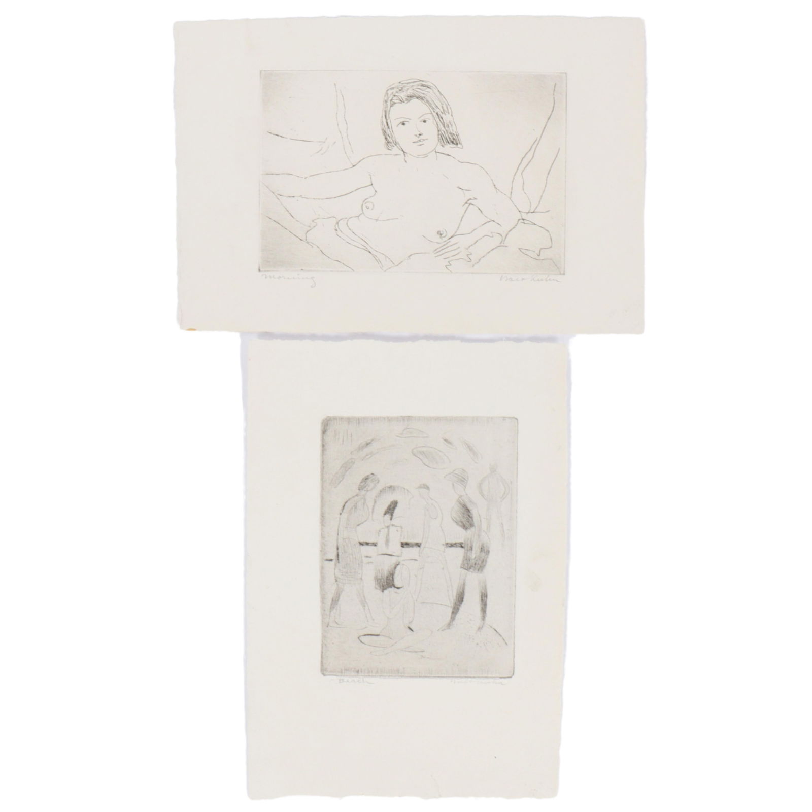 Walt Francis (Walter) Kuhn, New York, California (1877 - 1949), Morning / Beach, reclined female: Walt Francis (Walter) Kuhn New York, California (1877 - 1949) Morning / Beach, reclined female nude and figural grouping 2 etchings Pencil signed lower right. Biography from the Archives of askART: A