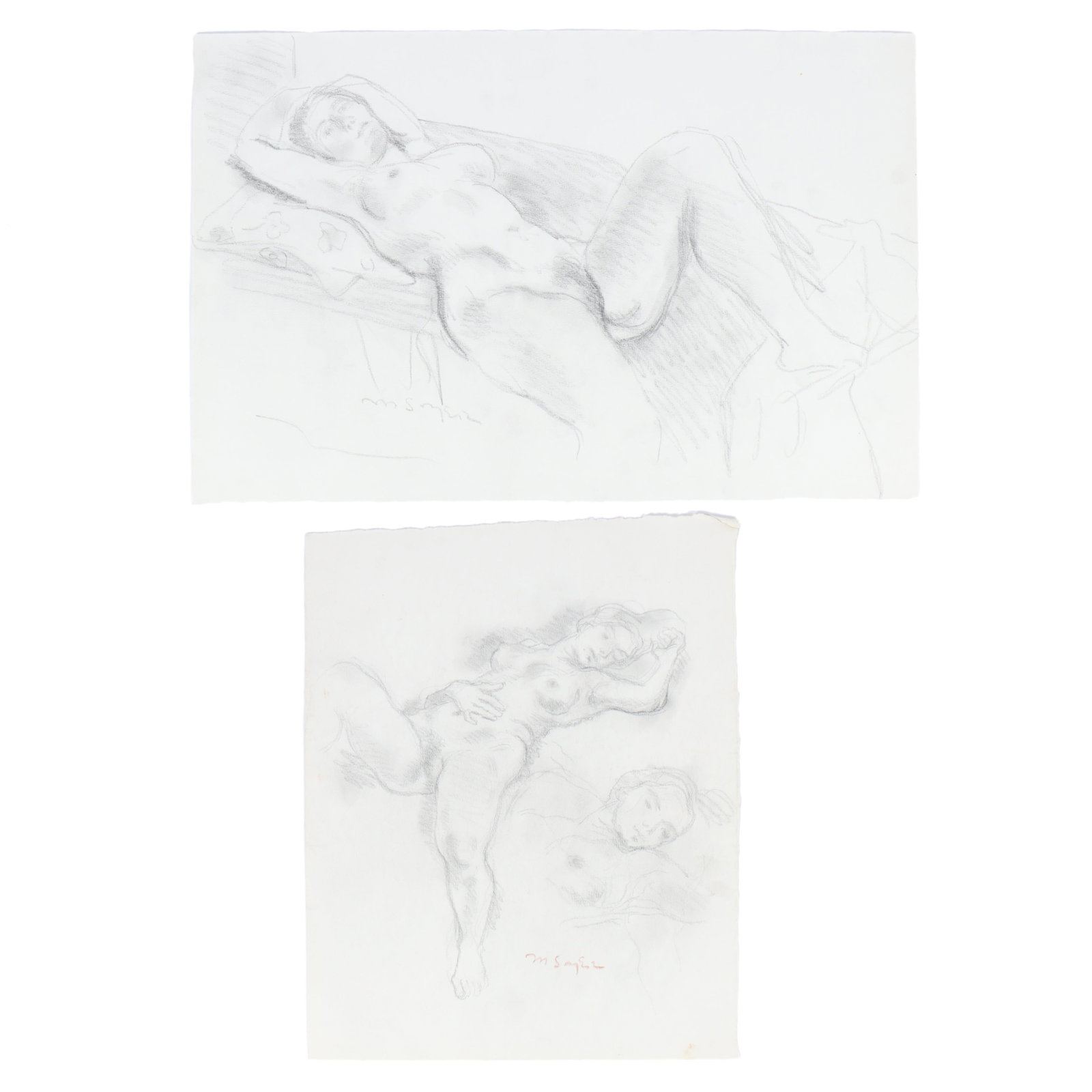 Moses Soyer, New York / Russia (1899-1974), 2 female nude studies, graphite on paper, 12 3/4"H x 19: Moses Soyer New York / Russia (1899-1974) 2 female nude studies graphite on paper Signed lower. Biography from the Archives of askART: Dedicated to art expression with social-realist themes of the Dep