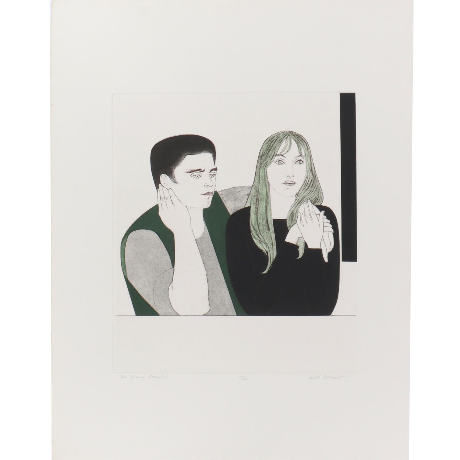 Will Barnet, American (1911 - 2012), The Young Couple, 1971, color etching, 30"H x 23 1/4"W: Will Barnet American (1911 - 2012) The Young Couple, 1971 color etching Pencil signed lower right. Edition 146/225. Biography from GallArt.com: Will Barnet, a printmaker and painter known for elegantl
