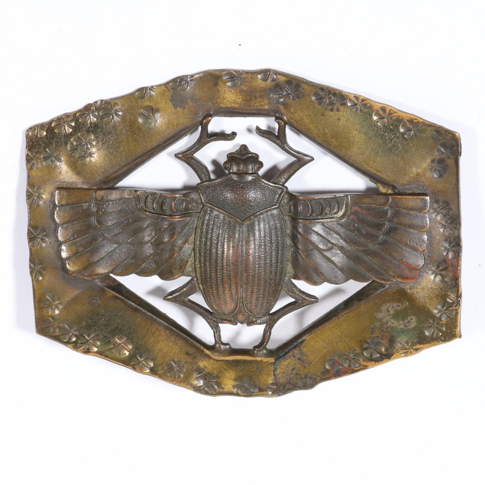 Large Apollo Studios New York Egyptian Revival scarab brass sash pin brooch. 2 1/2"H x 3 1/8"W: Large Apollo Studios New York Egyptian Revival scarab brass sash pin brooch. 2 1/2"H x 3 1/8"W