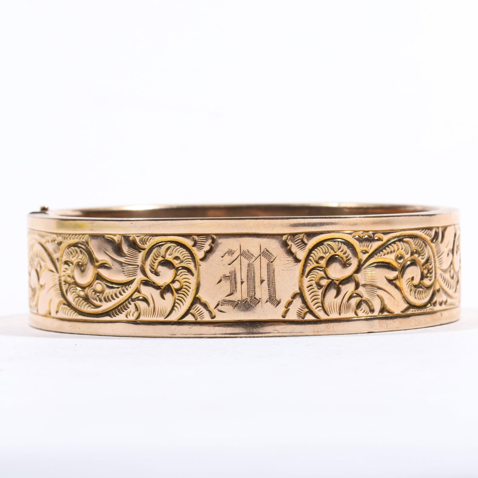 Gold filled Victorian monogram "M" engraved hinged bangle bracelet. 3/4"H x 2 1/2"Inner Diameter (1 of 8)