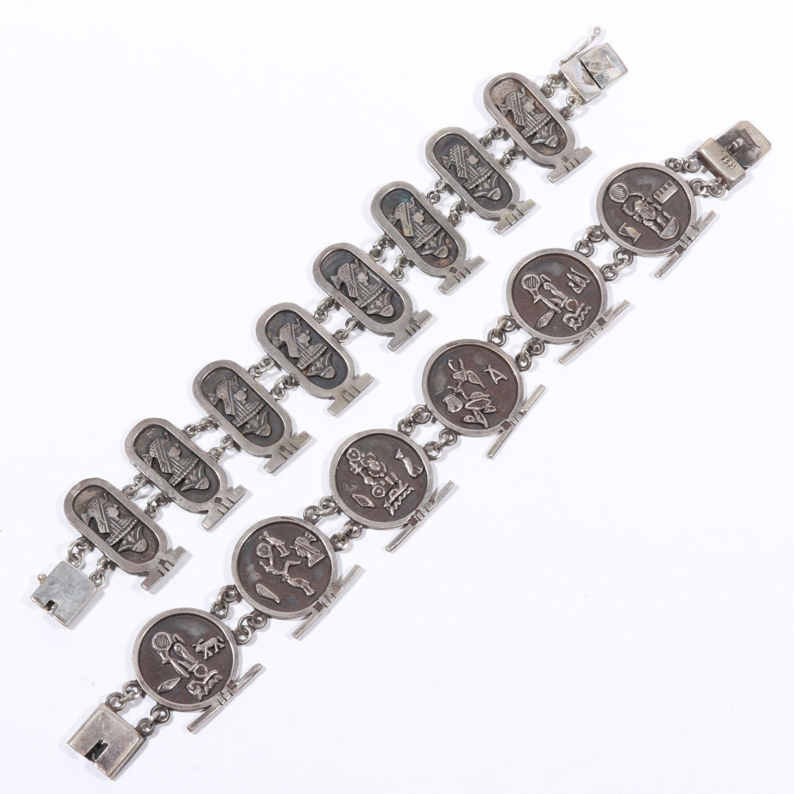 Pair of Egyptian revival hallmarked sterling silver cartouche panel bracelets. 8"L x 1"W (circle (1 of 11)