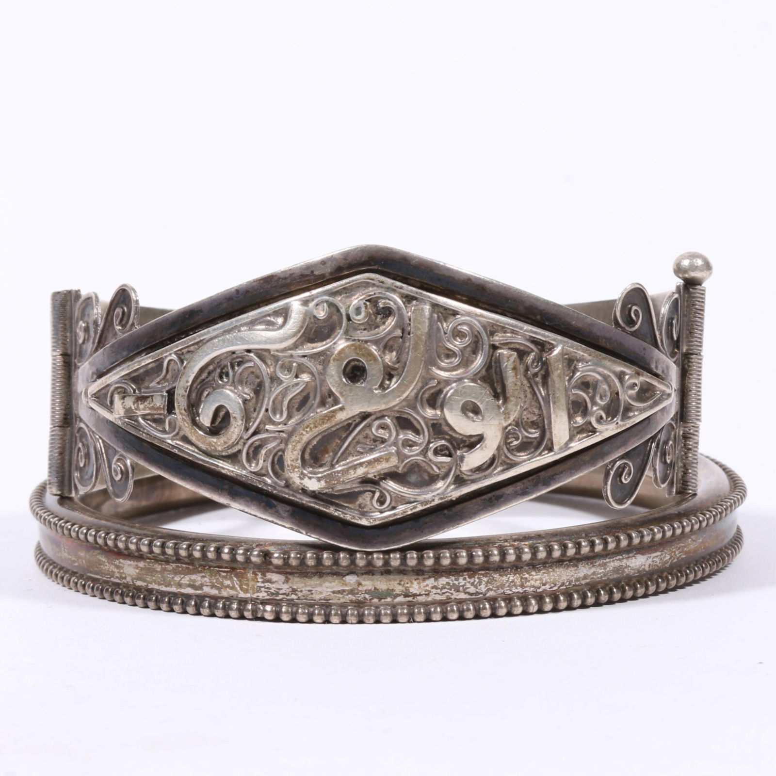 Vintage sterling silver bangle bracelet with Middle Eastern hallmarked sterling? ornate hinged (1 of 10)