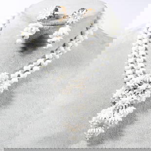 Miriam Haskell milk glass beaded double strand necklace with layered floral bead drops and matching: Miriam Haskell milk glass beaded double strand necklace with layered floral bead drops and matching earrings. 15 1/2"L x 3"Drop (necklace)