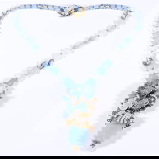 Miriam Haskell periwinkle glass beaded drop necklace with ornate seed bead floral glass pendant. 15: Miriam Haskell periwinkle glass beaded drop necklace with ornate seed bead floral glass pendant. Small spot with glue residue on pendant. 15 5/8"L x 3 1/2"Drop