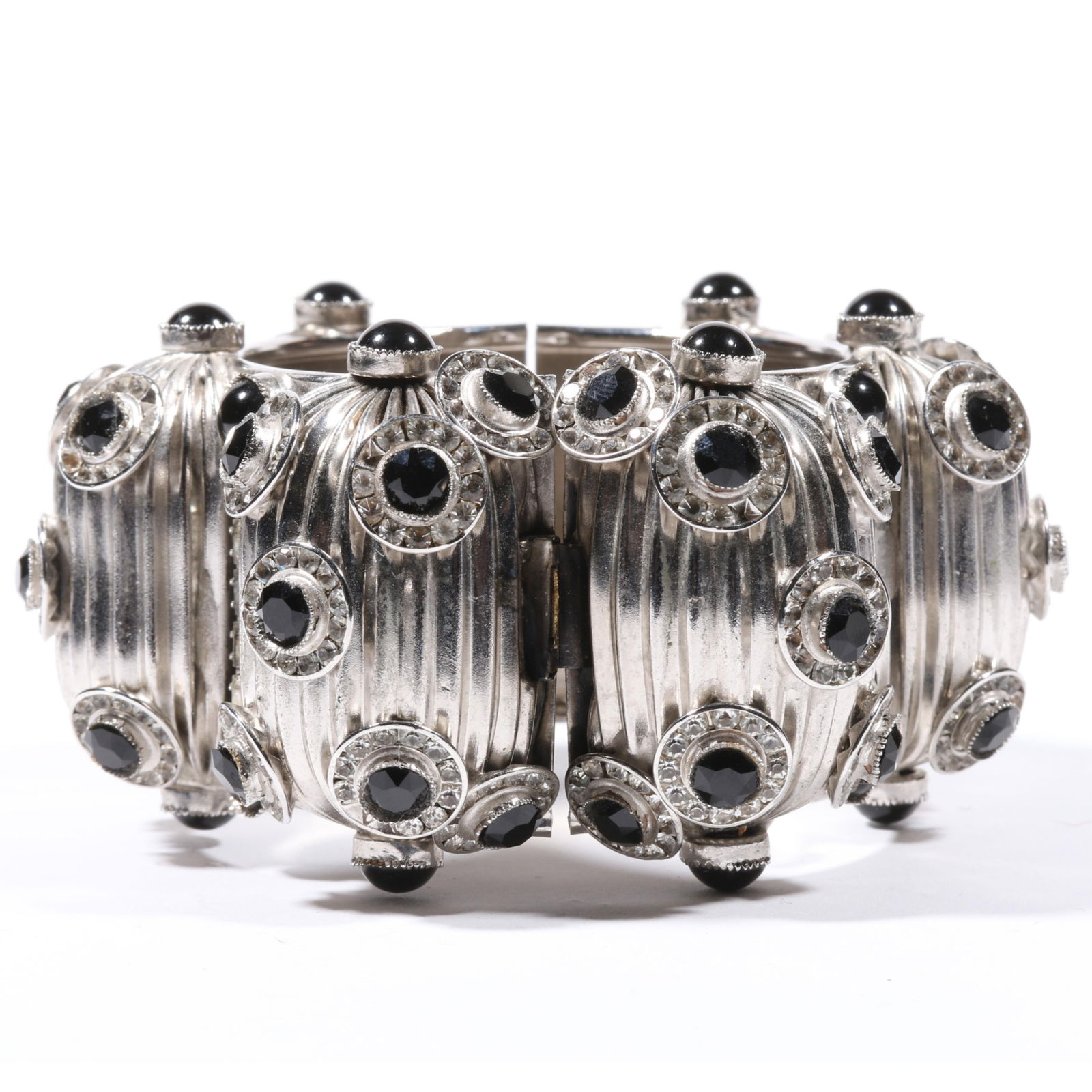 HUGE unsigned William de Lillo couture chunky hinged bangle bracelet covered in black and clear (1 of 9)