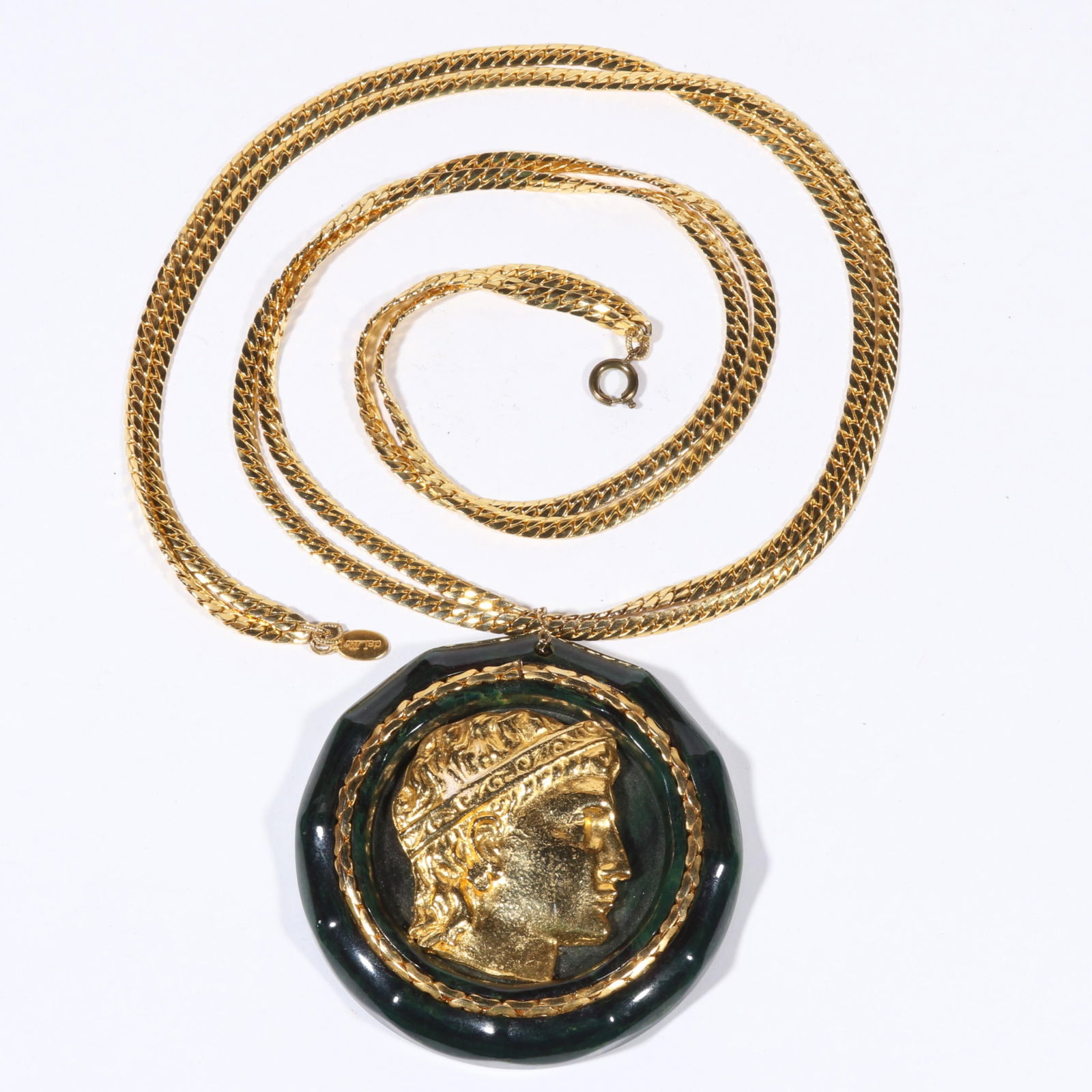 Rare large William de Lillo dark green marbled Bakelite Roman/Greek profile medallion necklace. 27"L (1 of 9)