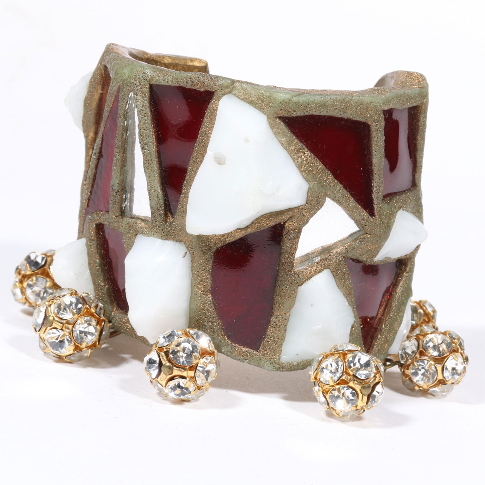 Unsigned Christian Lacroix haute couture milk glass chunk, and red mirrored glass cuff bracelet with (1 of 9)
