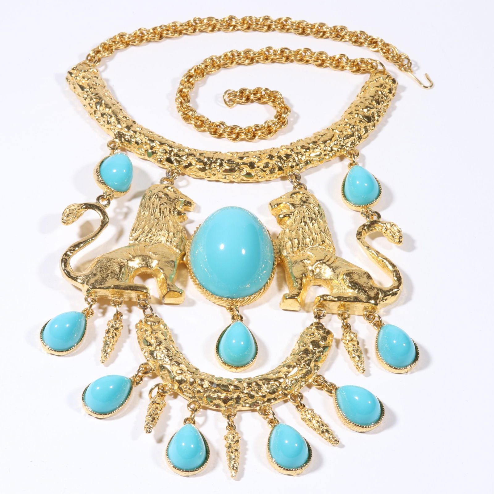 Donald Stannard Statement haute couture lion bib necklace with faux turquoise cabochons. 20"L x (1 of 8)