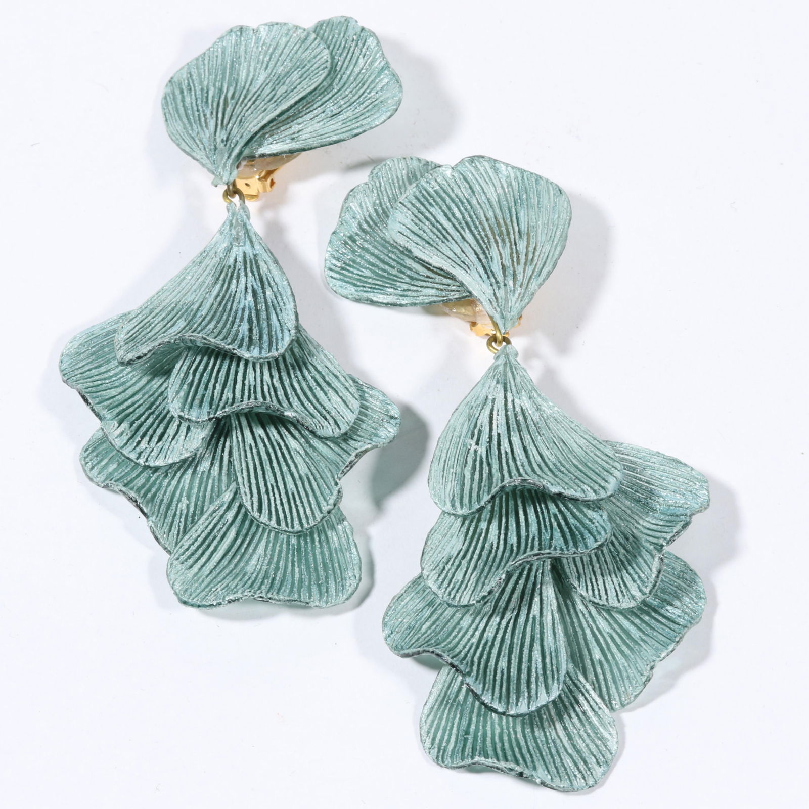 Cilea Paris large designer couture blue resin layered petal drop earrings. 4 3/4"Drop x 2 1/4"W (1 of 8)
