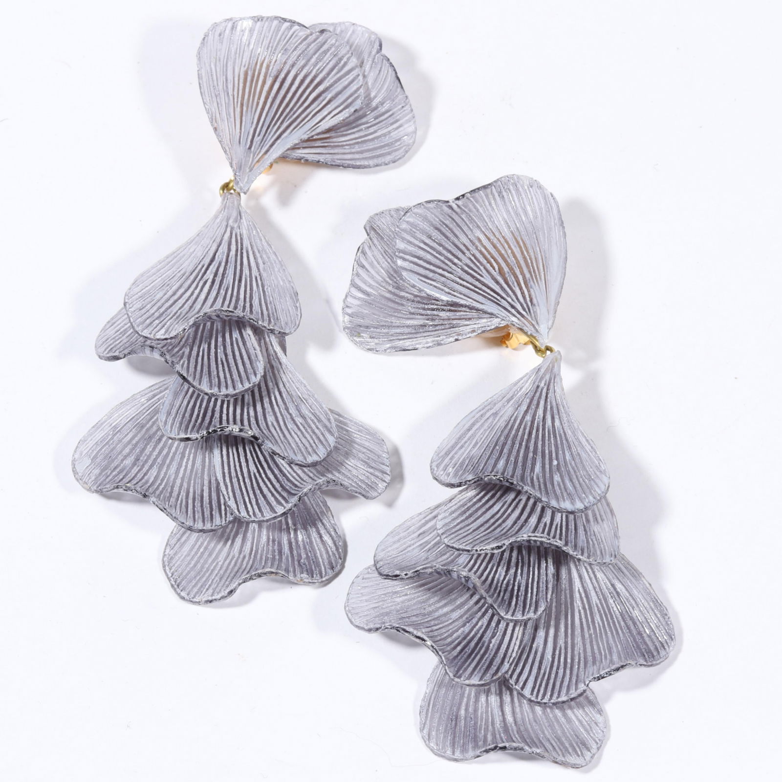 Cilea Paris large designer couture violet resin layered petal drop earrings. 4 3/4"Drop x 2 1/4"W (1 of 8)