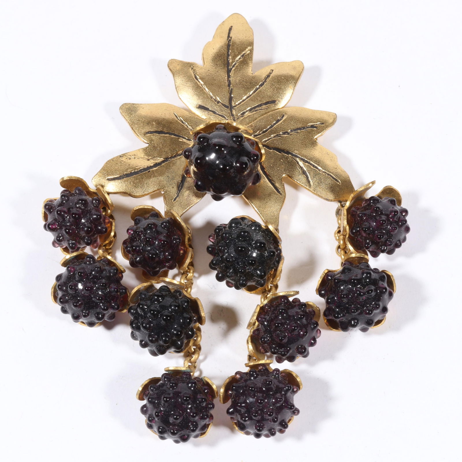 Isabel Canovas glass blackberry and gilt bronze brooch. 4 5/8"Drop x 3 1/4"W: Isabel Canovas glass blackberry and gilt bronze brooch. 4 5/8"Drop x 3 1/4"W