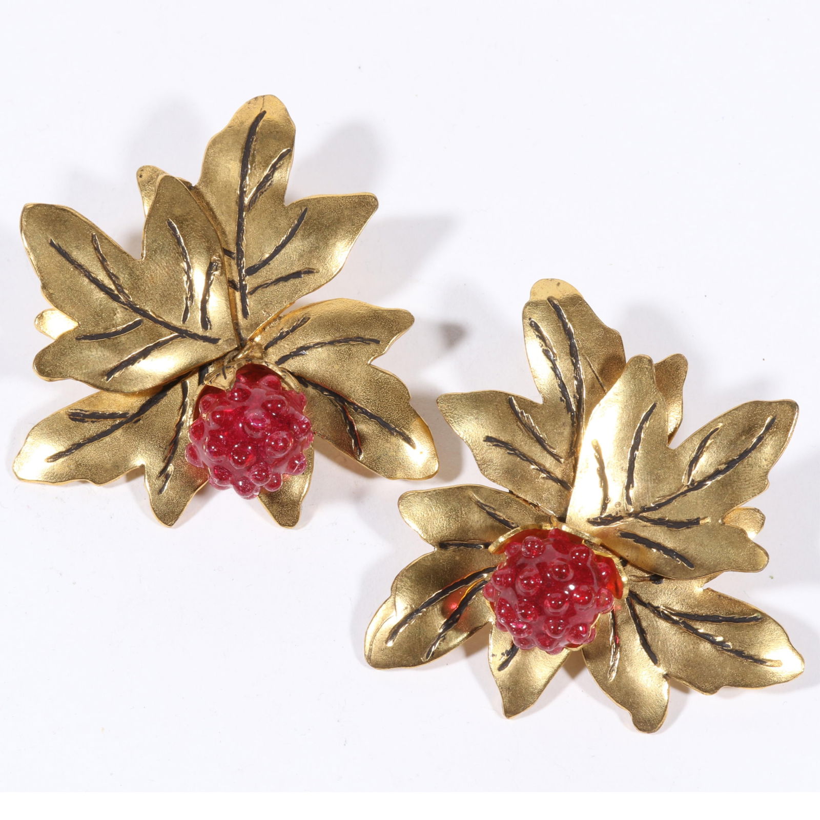 Isabel Canovas Large glass raspberry charm earrings with gilt brass leaves. 2 1/2"H x 2 3/4"W: Isabel Canovas Large glass raspberry charm earrings with gilt brass leaves. 2 1/2"H x 2 3/4"W