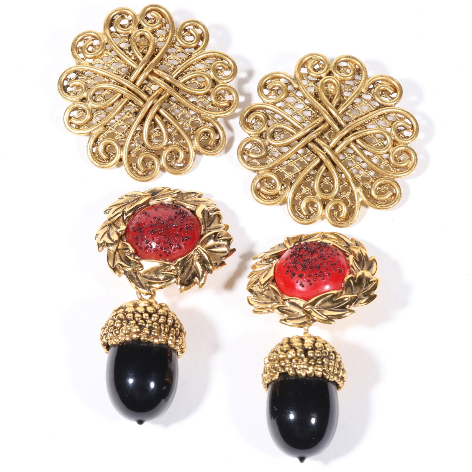 Two pairs of Isabel Canovas earrings including acorn dangle earrings and large rounded filigree: Two pairs of Isabel Canovas earrings including acorn dangle earrings and large rounded filigree earrings. 3"Drop x 1 1/2"W (acorn earrings)