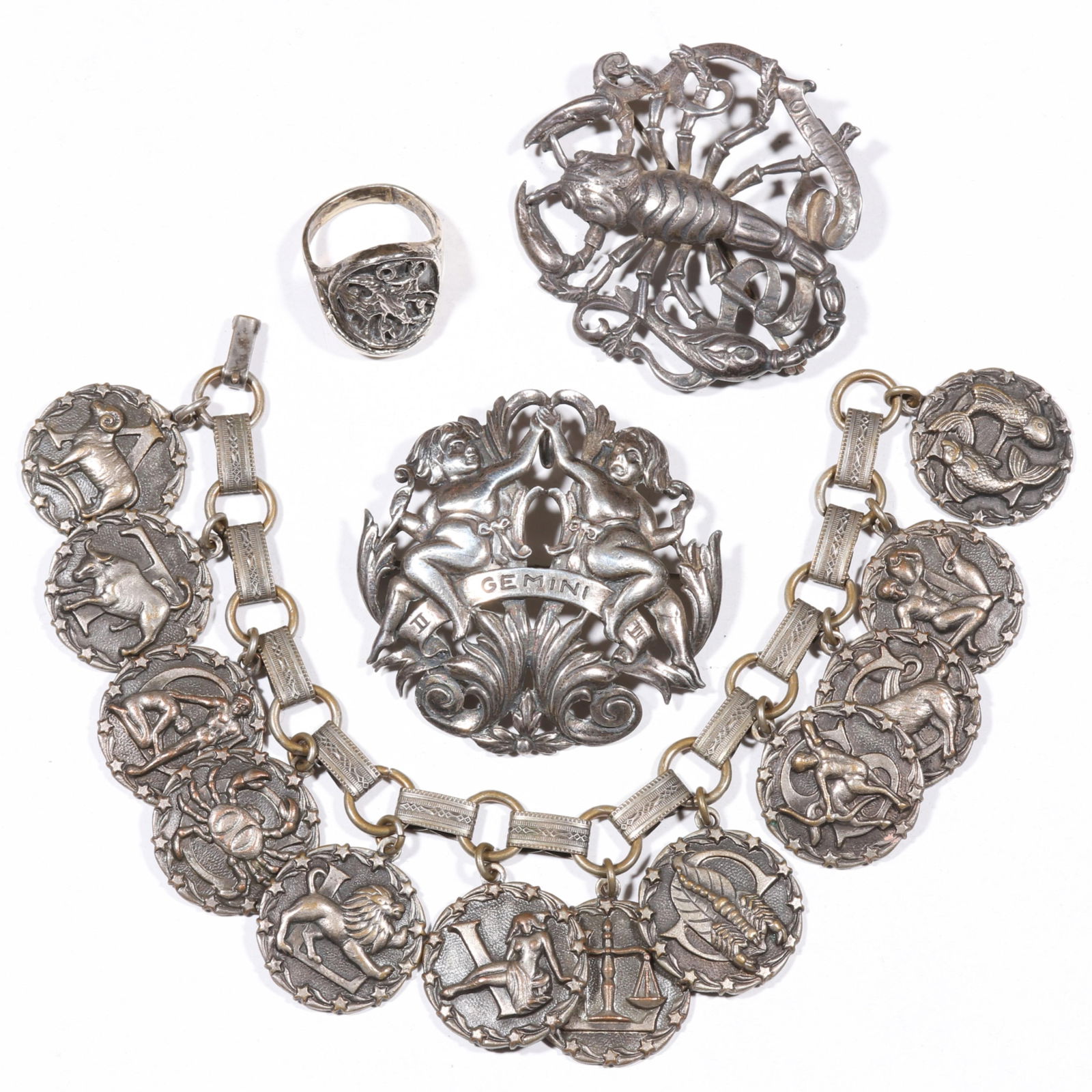 Zodiac jewelry group with Guglielmo Cini sterling Scorpio brooch, Peruzzi sterling Gemini brooch, (1 of 11)