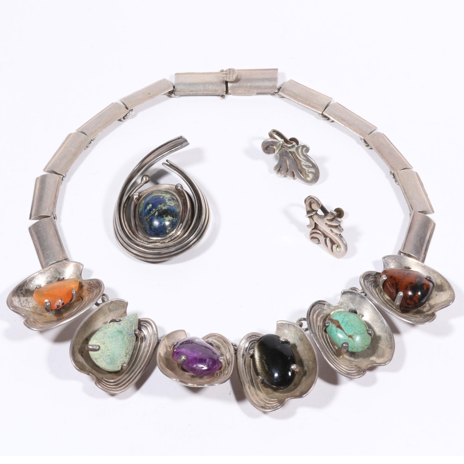 Vintage Mexican sterling and natural stone chunky Modernist necklace with fire opal, turquoise, (1 of 12)