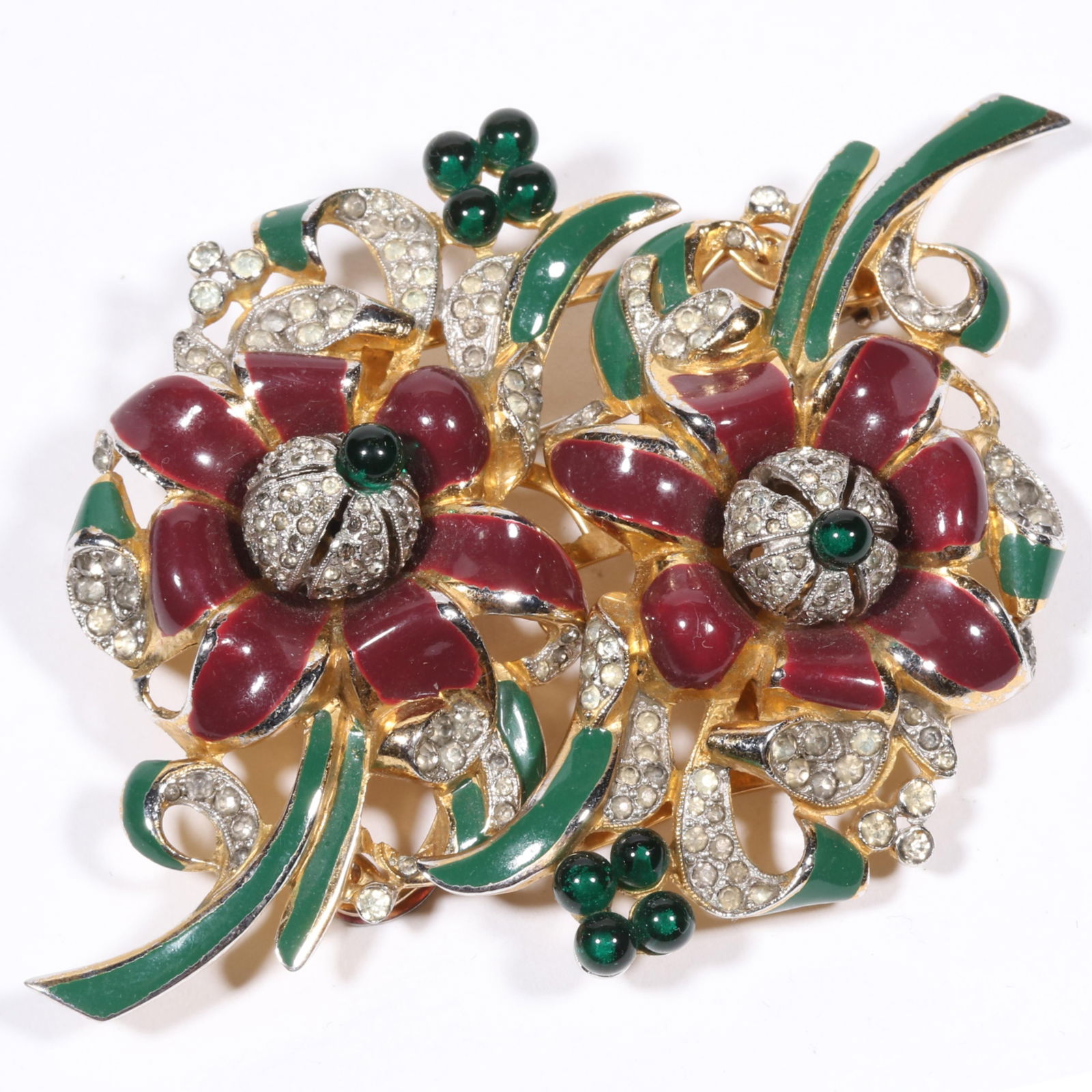 Coro Duette Book Piece Adolph Katz gold plated "Trembling Flowers Duette" brooch clips with enamel: Coro Duette Book Piece Adolph Katz gold plated "Trembling Flowers Duette" brooch clips with enamel and rhinestone crystal accents. Few missing rhinestones. Book: American Costume Jewelry Vol. 1 by Car