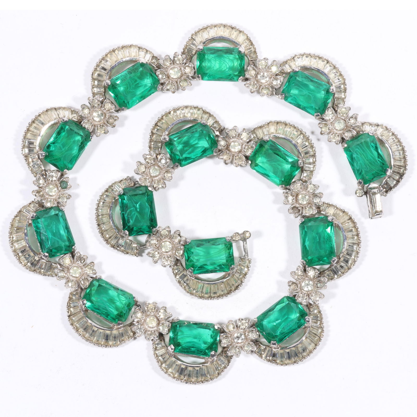 Jomaz Art Deco / Retro rhinestone crystal choker necklace with bright green gripoix art glass swirl (1 of 12)