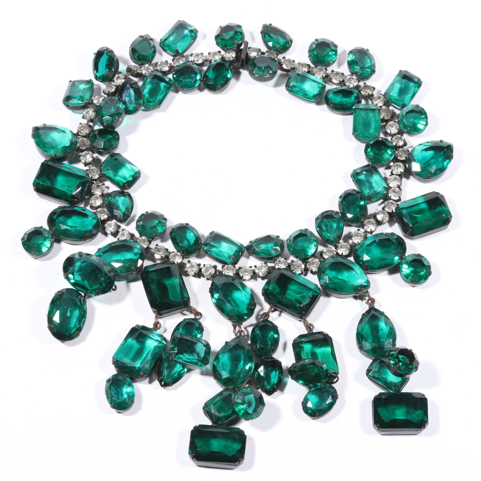 HUGE Vintage Art Deco style KJL Kenneth Lane statement bib necklace with large emerald glass jewels (1 of 10)