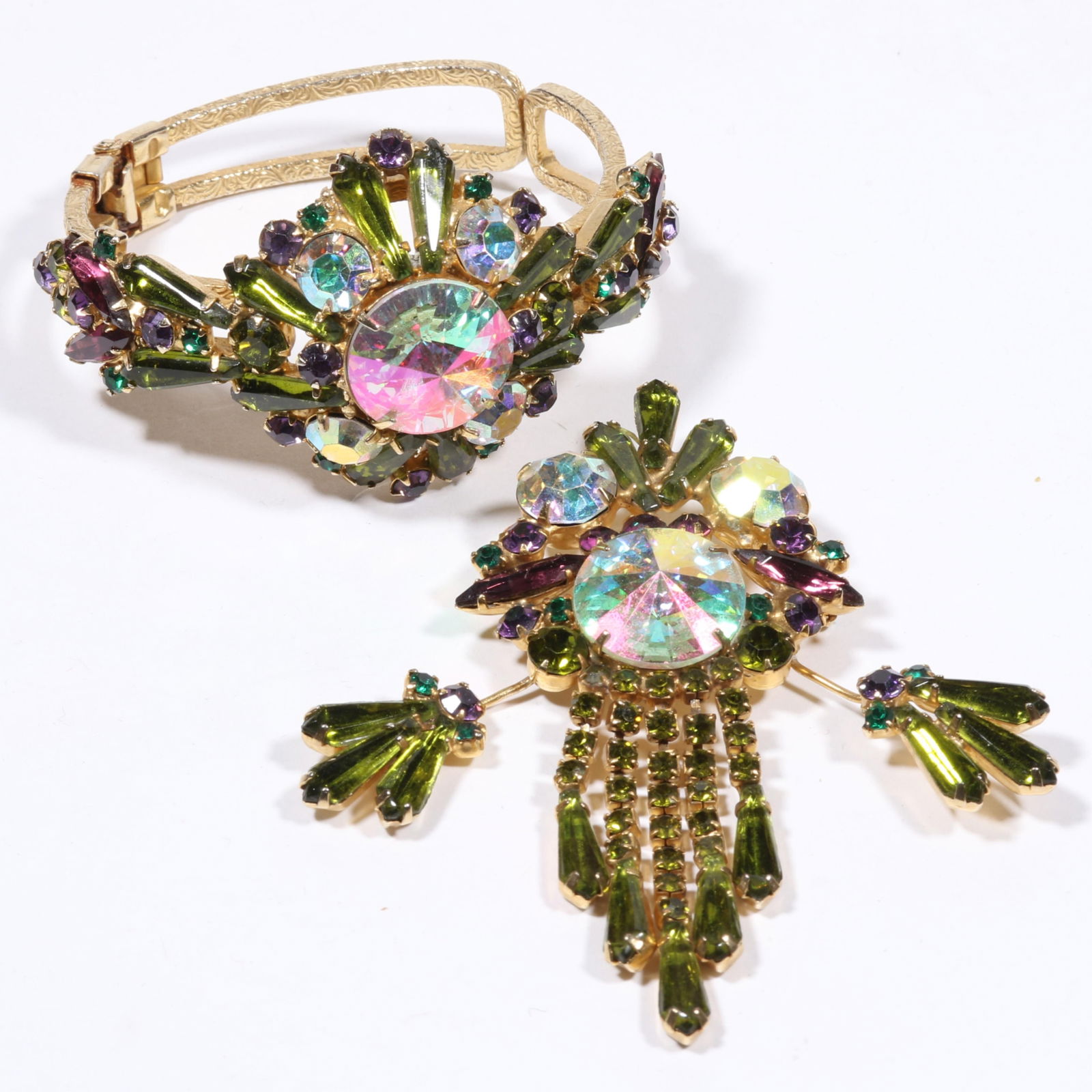 D & E Juliana demi parure: polychromatic rivoli clamper bracelet with deep olivine green keyhole (1 of 10)
