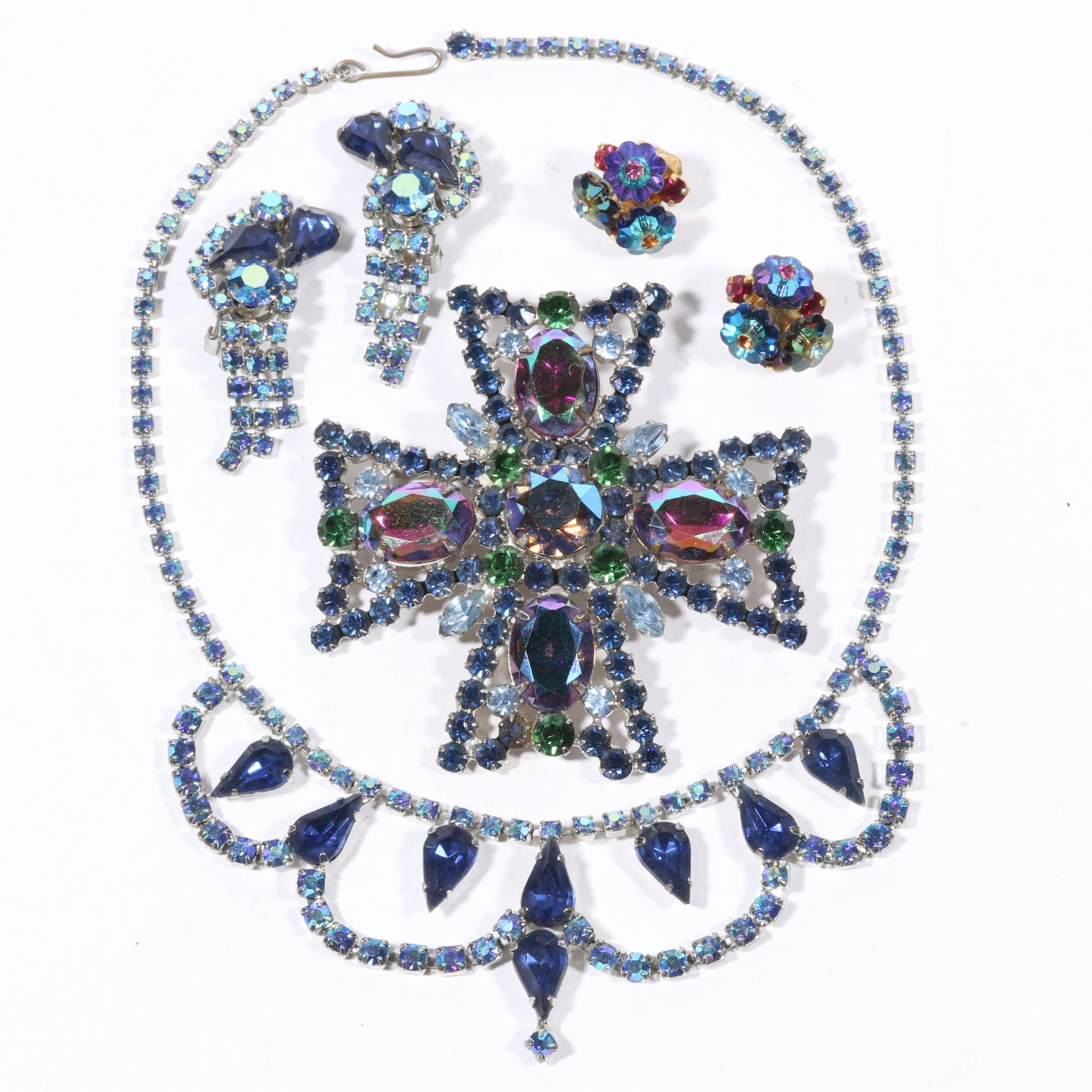 Mostly DeLizza & Elster Juliana jewelry group with large maltese cross pendant brooch, dangle fringe (1 of 7)