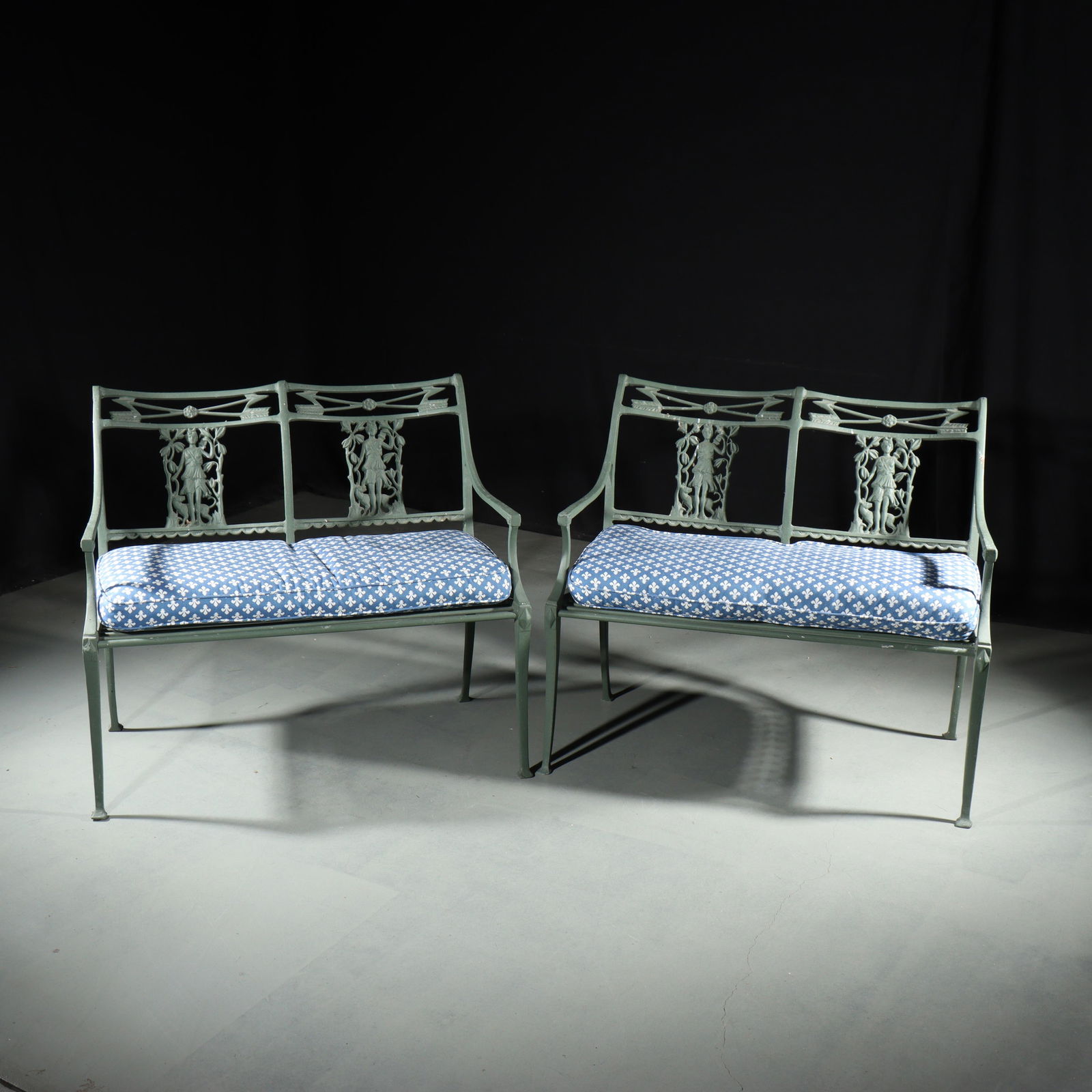 Pair Neoclassical Diana the Huntress theme painted cast iron outdoor patio garden benches. 33"H x (1 of 8)