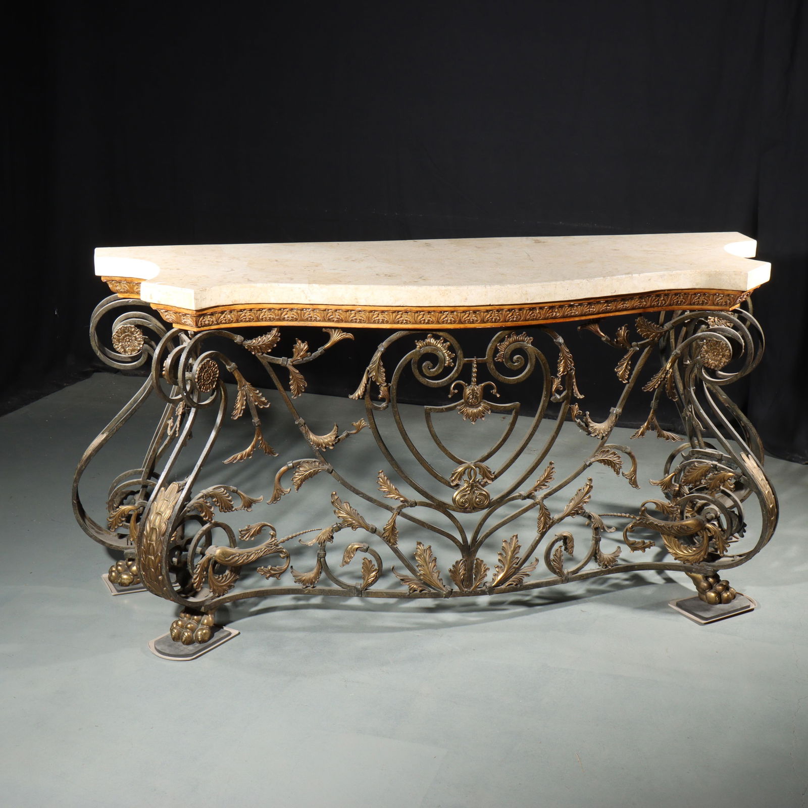 Maitland Smith scrolling wrought iron and floral and foliate gilt metal console table with shaped (1 of 7)