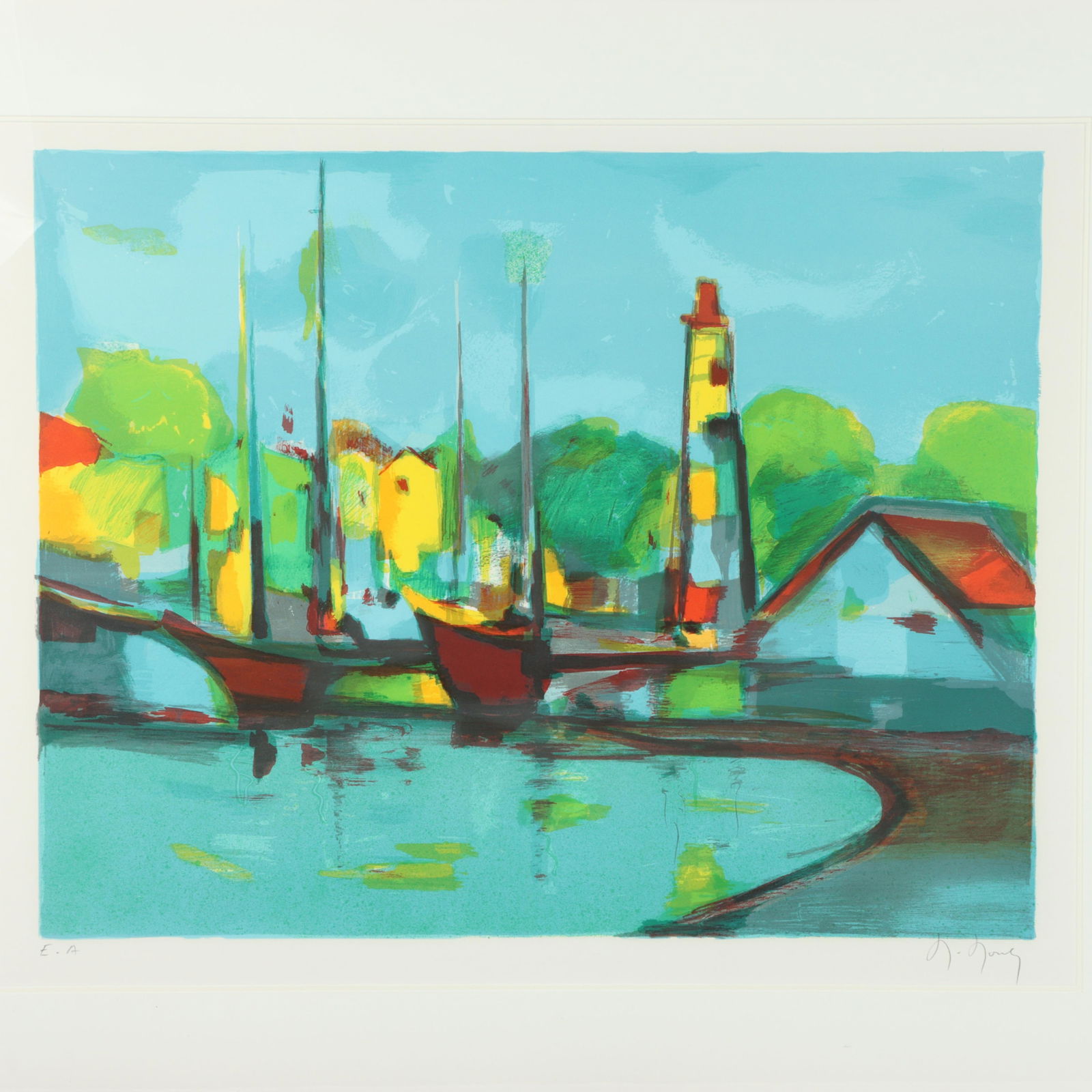Marcel Mouly, French (1918 - 2008), harbor scene with lighthouse, lithograph, 19 3/4"H x 24 3/4"W: Marcel Mouly French (1918 - 2008) harbor scene with lighthouse lithograph Pencil signed lower right. Artist's proof. Provenance: James Family THERE IS NO GLASS IN FRAME Biography from the Archives of