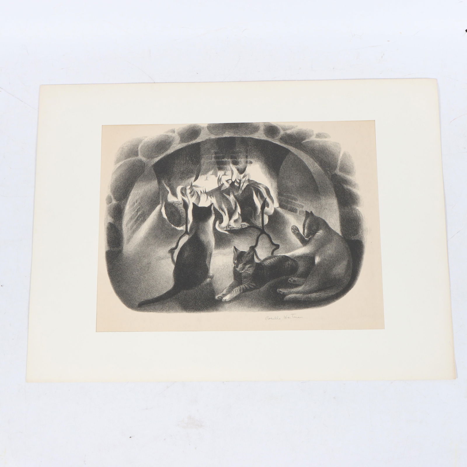 Rosella Hartman, American (1894 - 1984), three cats by a fireplace, lithograph, 11 1/2"H x 15" W (1 of 7)
