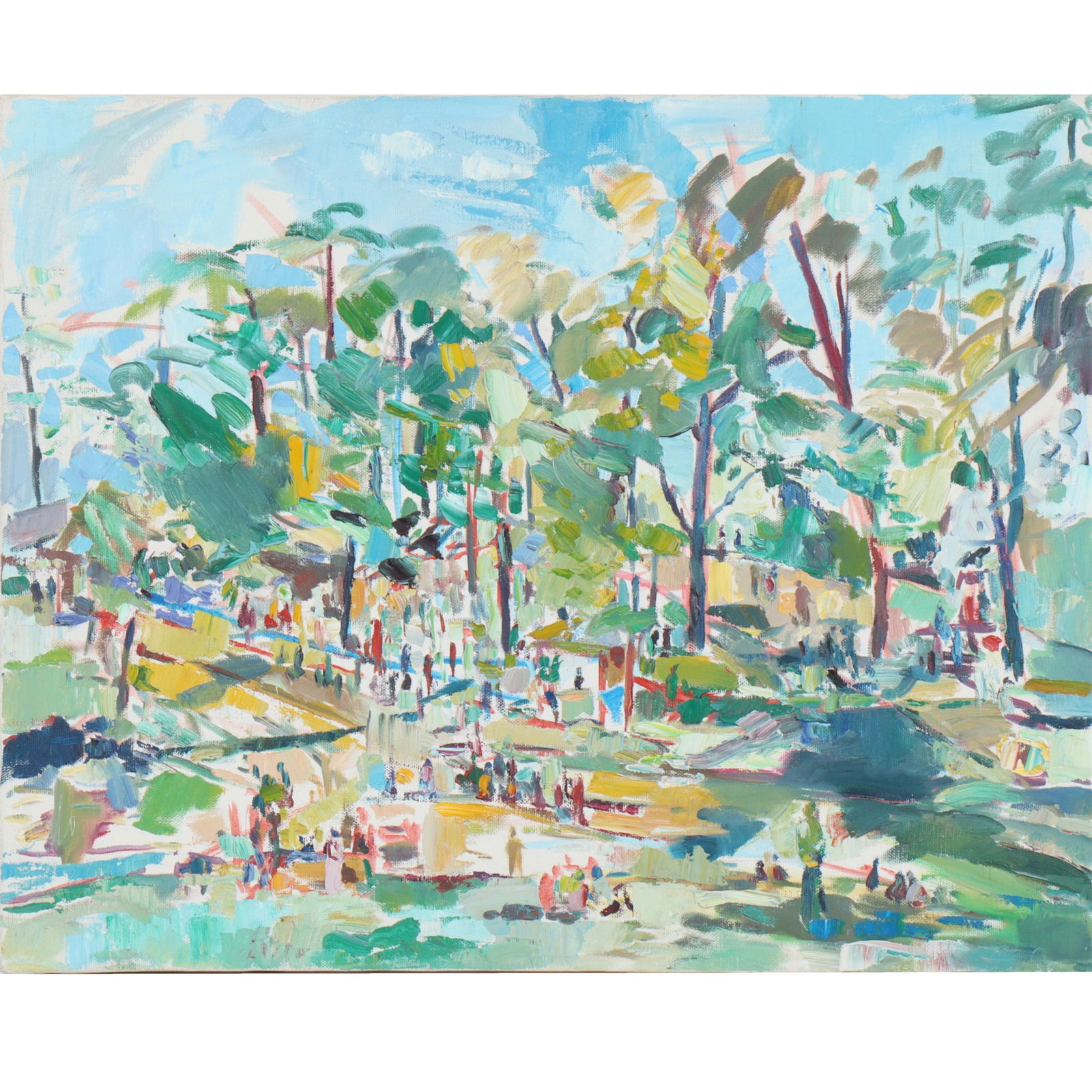George McCullough, Indiana (1937 - 2005), park landscape with many figures, oil on canvas, 16"H x (1 of 9)