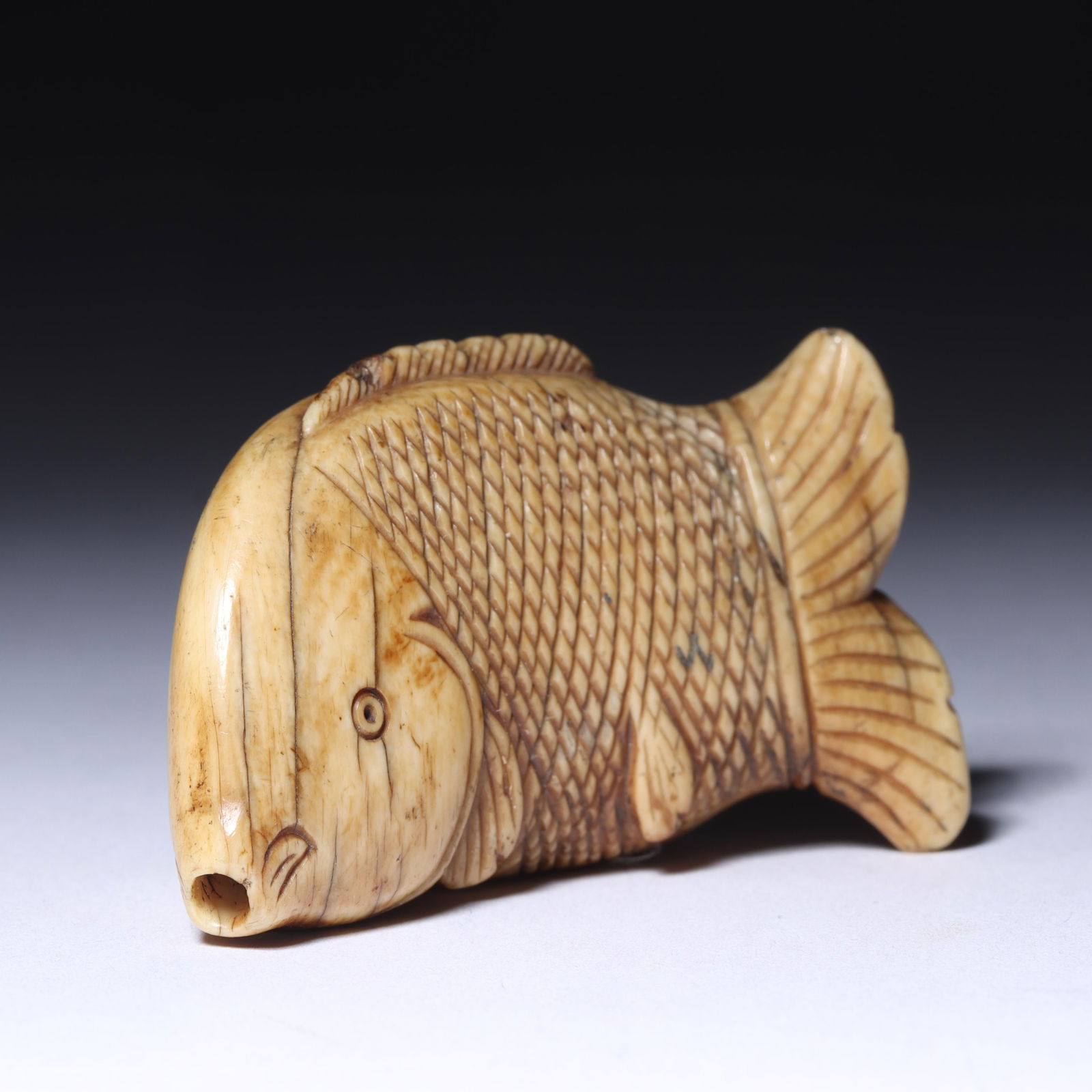 Japanese carved netsuke figure, 17th Century?; large antique fish with checkered scales. 1 1/4"H x (1 of 5)