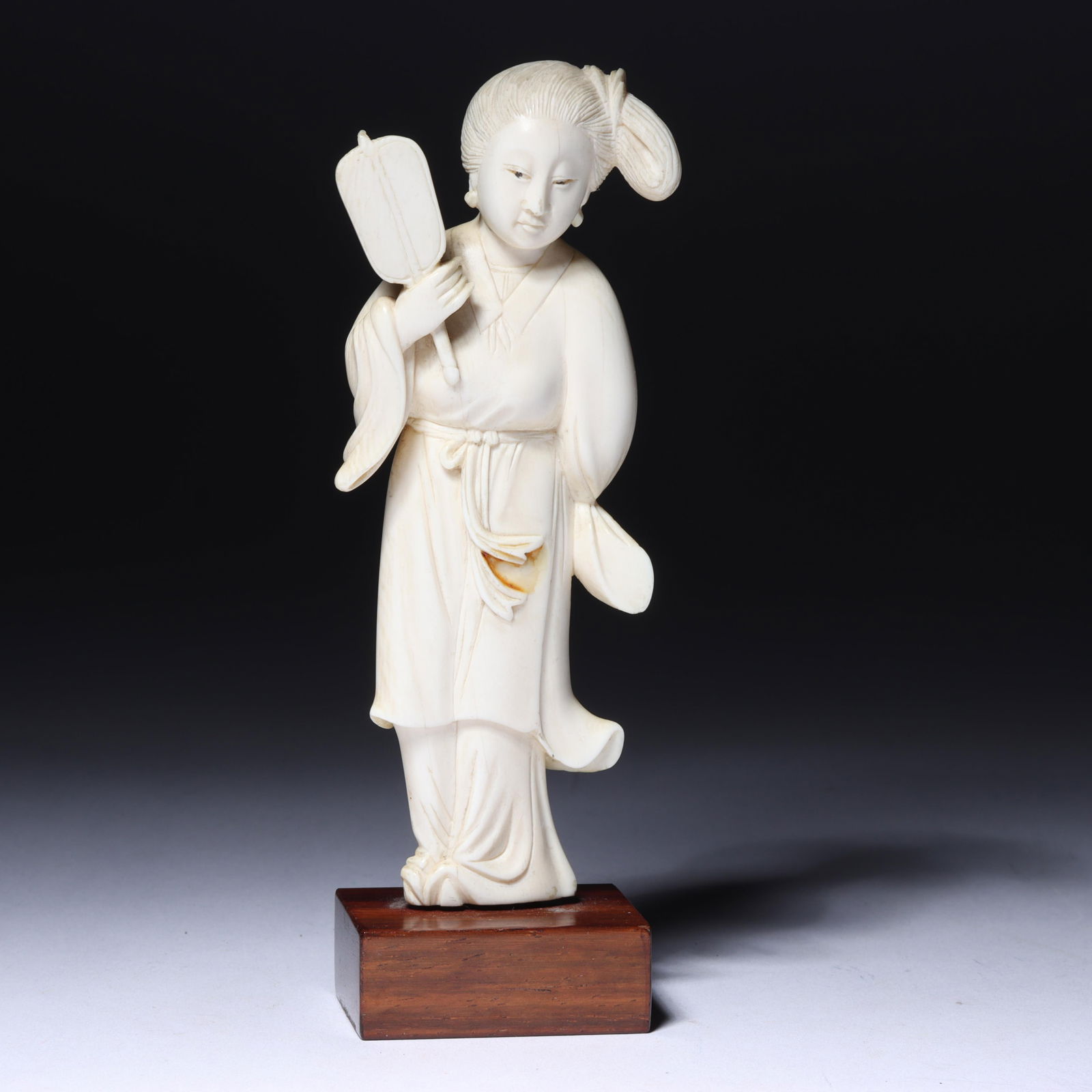 Japanese carved okimono figure of a court lady with fan attached on base. 5 1/2"H x 2"W (1 of 8)