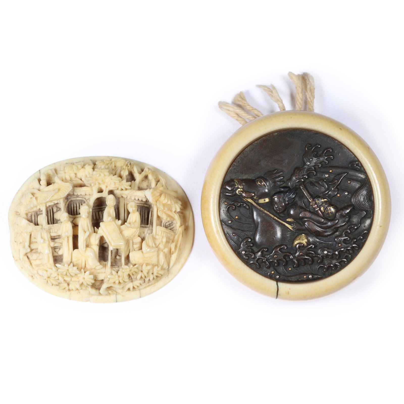 Pair of Chinese and Japanese carved bone netsuke: Chinese miniature oval plaque of figures on a: Pair of Chinese and Japanese carved bone netsuke: Chinese miniature oval plaque of figures on a terrace, highly detailed relief with trees and flowers; mixed metal Kagamibuta toggle with bronze center