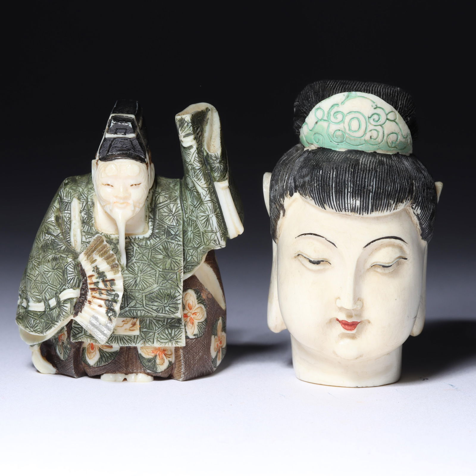 Japanese carved netsuke 2pc polychrome group: large head of Buddha with painted detail; full figure (1 of 6)