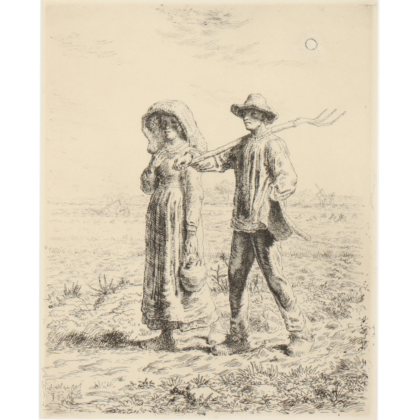 Jean Francois Millet, France (1814-1875), Peasants Going to Work, 1863, etching, 15"H x 12"W(sight),: Jean Francois Millet France (1814-1875) Peasants Going to Work, 1863 etching Catalogue raisonne: D 19. Millet's largest print. Strong and crisp impression. The circular mark upper left indicates a can