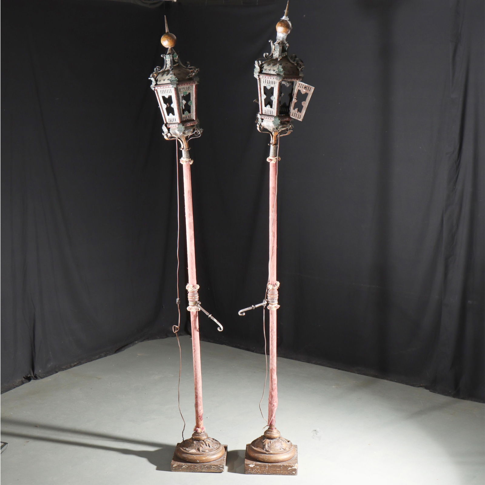 Pair of antique Venetian torchiere tole lantern floor standing pole lamps. 105"H - one (1 of 11)