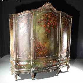 Large Italian Rococo Revival, 19th Century antique armoire with hand painted Venetian vernis satin (1 of 9)