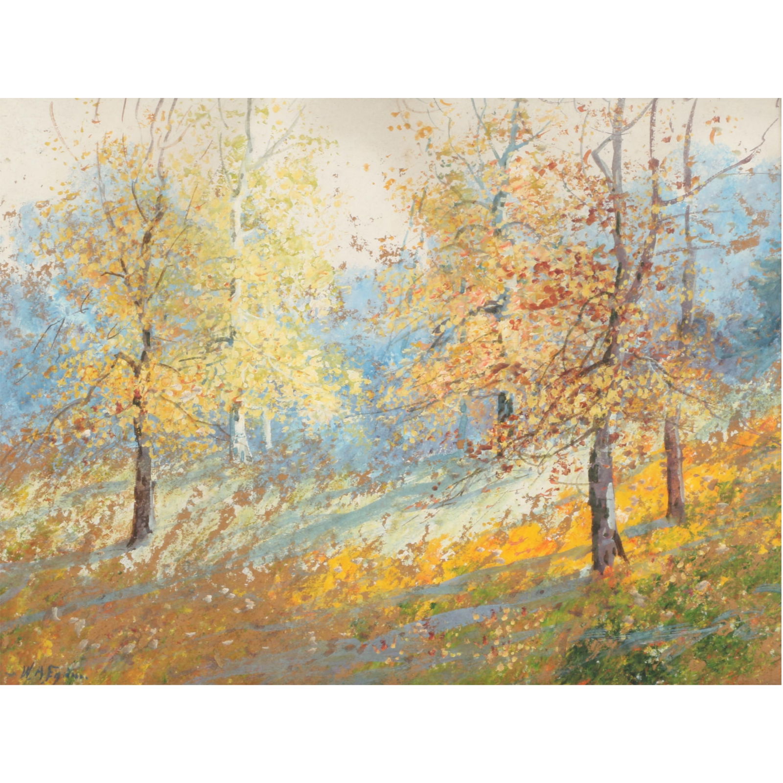 William Arnold Eyden, Indiana (1859 - 1919), golden autumn landscape, oil on paper, 11 3/4"H x 15 (1 of 8)