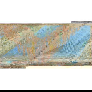 Elmer E. Taflinger, Indiana (1891-1981), mural study, mixed media/pastel on paper with gold gilt,: Elmer E. Taflinger Indiana (1891-1981) mural study mixed media/pastel on paper with gold gilt Biography from the Archives of askART: A native of Indianapolis, Indiana, Elmer Taflinger attended Manual