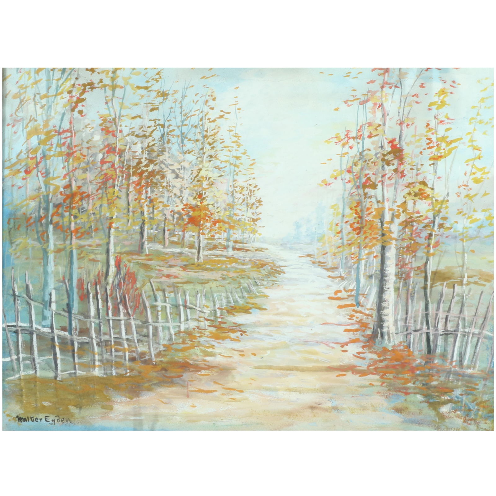Walter Eyden, Indiana (1881-1965), fenced path in autumn landscape, watercolor on board, 17 3/4"H x (1 of 8)