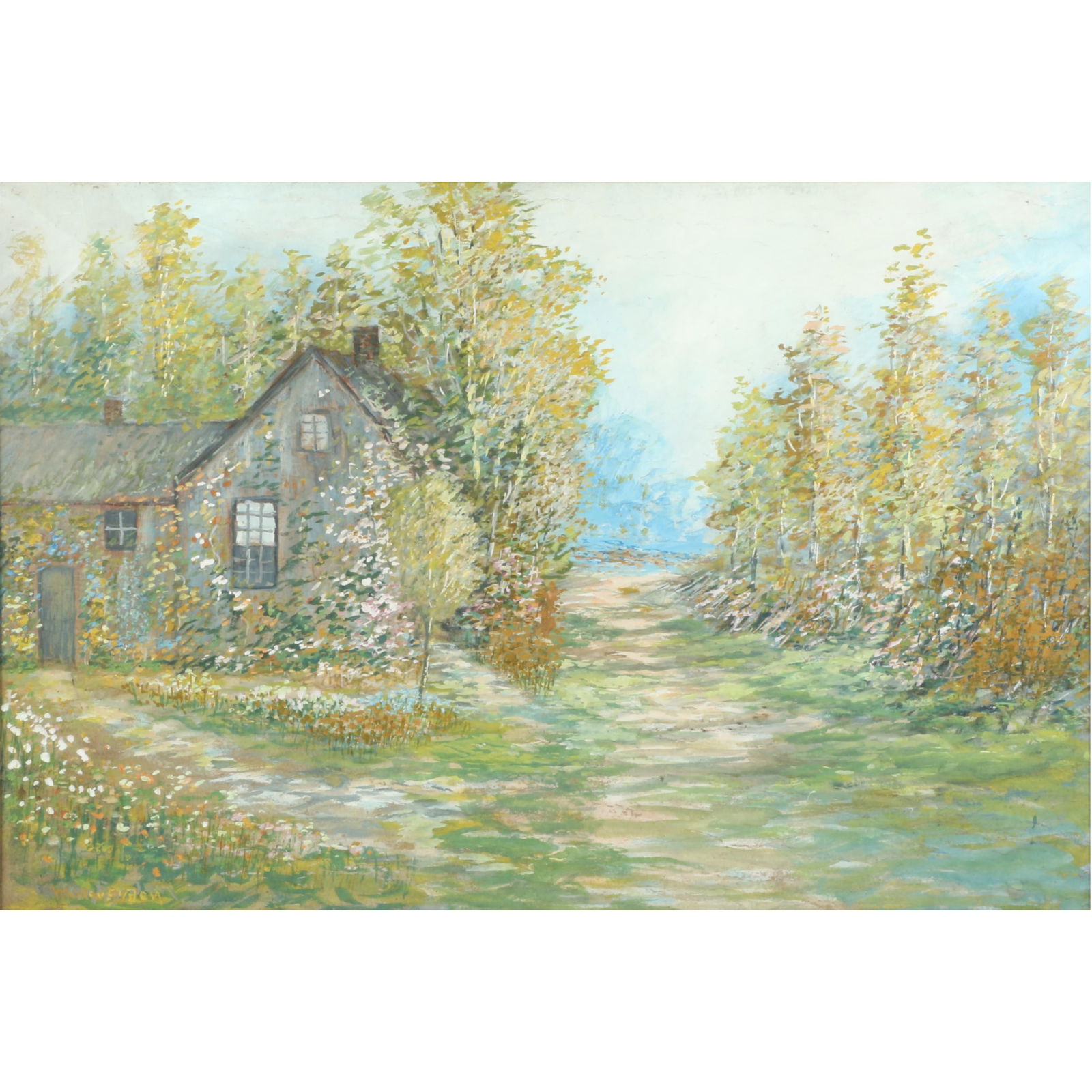 Walter Eyden, Indiana (1881-1965), rural cottage in a spring landscape, watercolor on board, 21 (1 of 8)